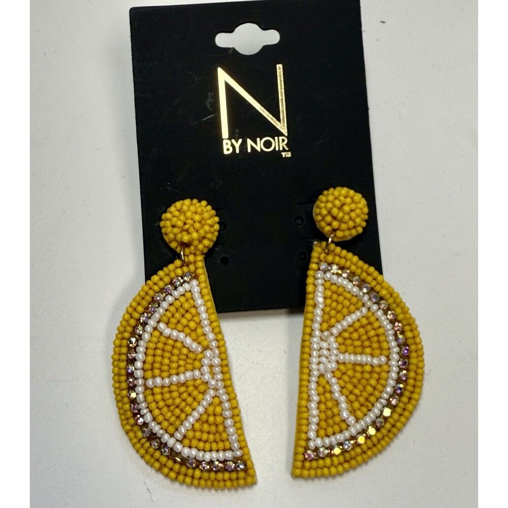 N By Noir Yellow Sead Bead & Rhinestone Beaded  Lemon Slice Dangle Earrings